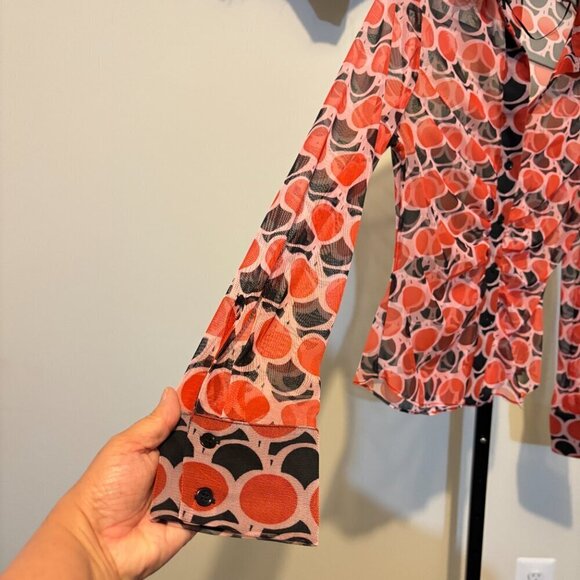 Zara Sheer Ruched Button Front Blouse Red Black Polka Dot - Picture 4 of 6